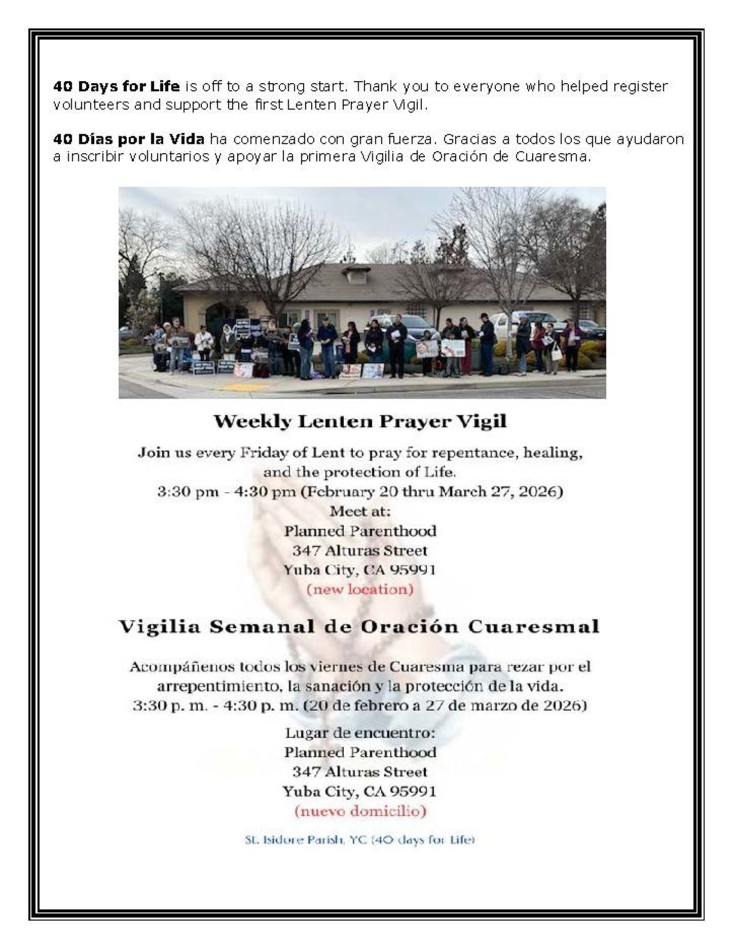 40 Days For Life Prayer Vigil Announcement 2026