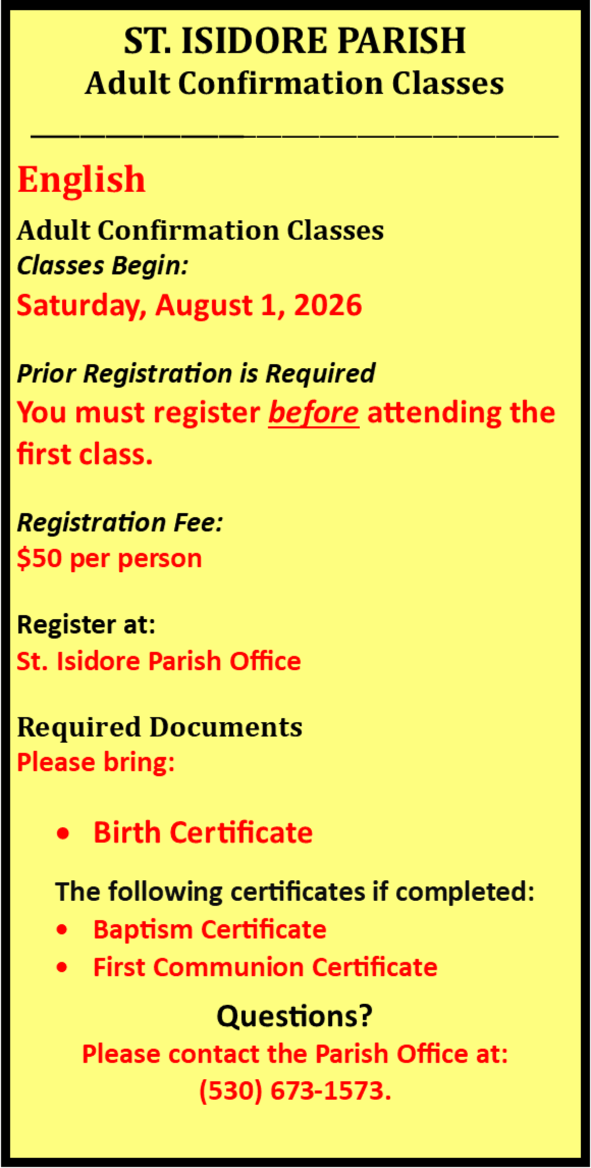 Adult Confirmation Classes English August 1 2026