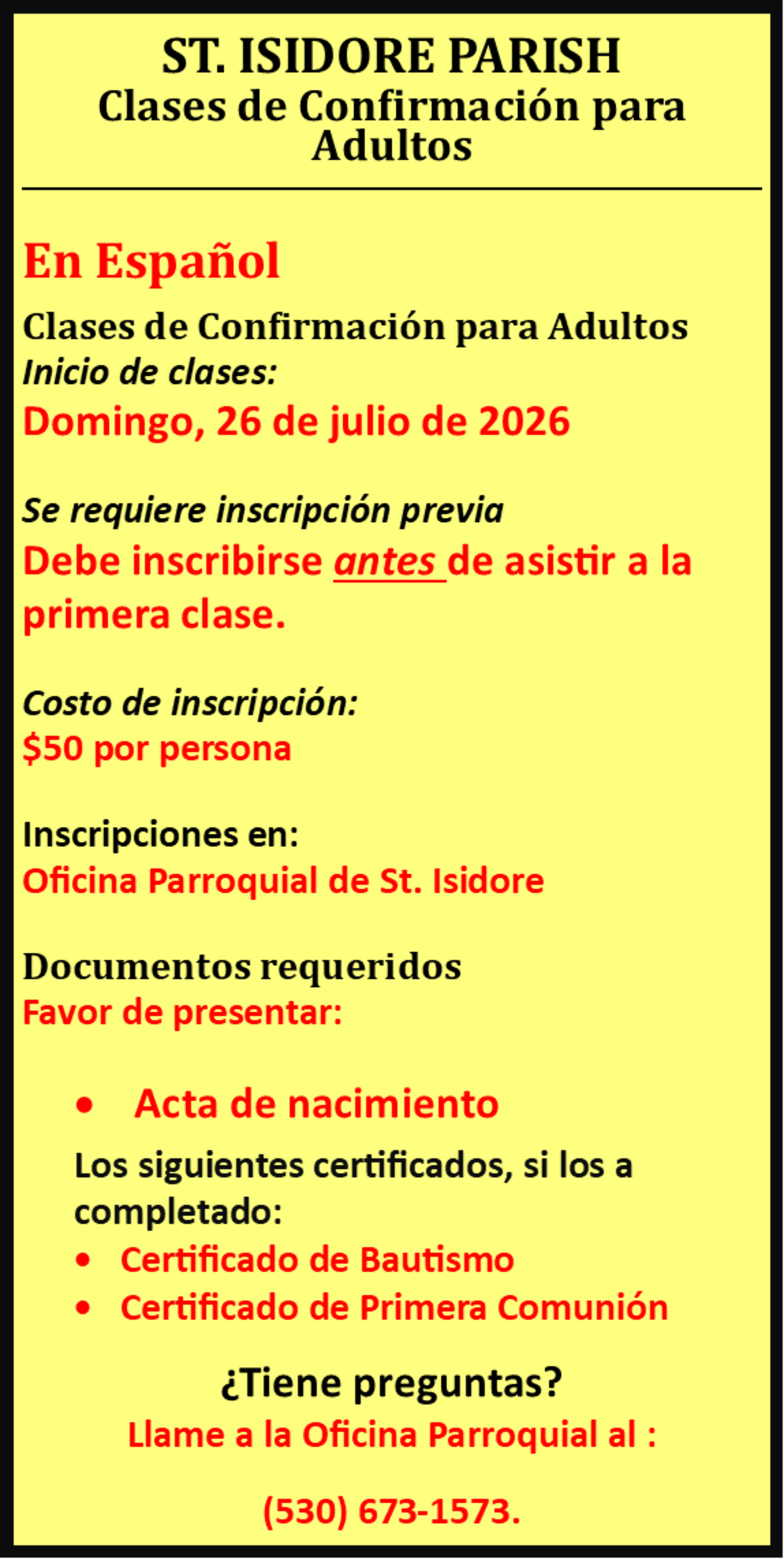 Adult Confirmation Classes Spanish July 26 2026