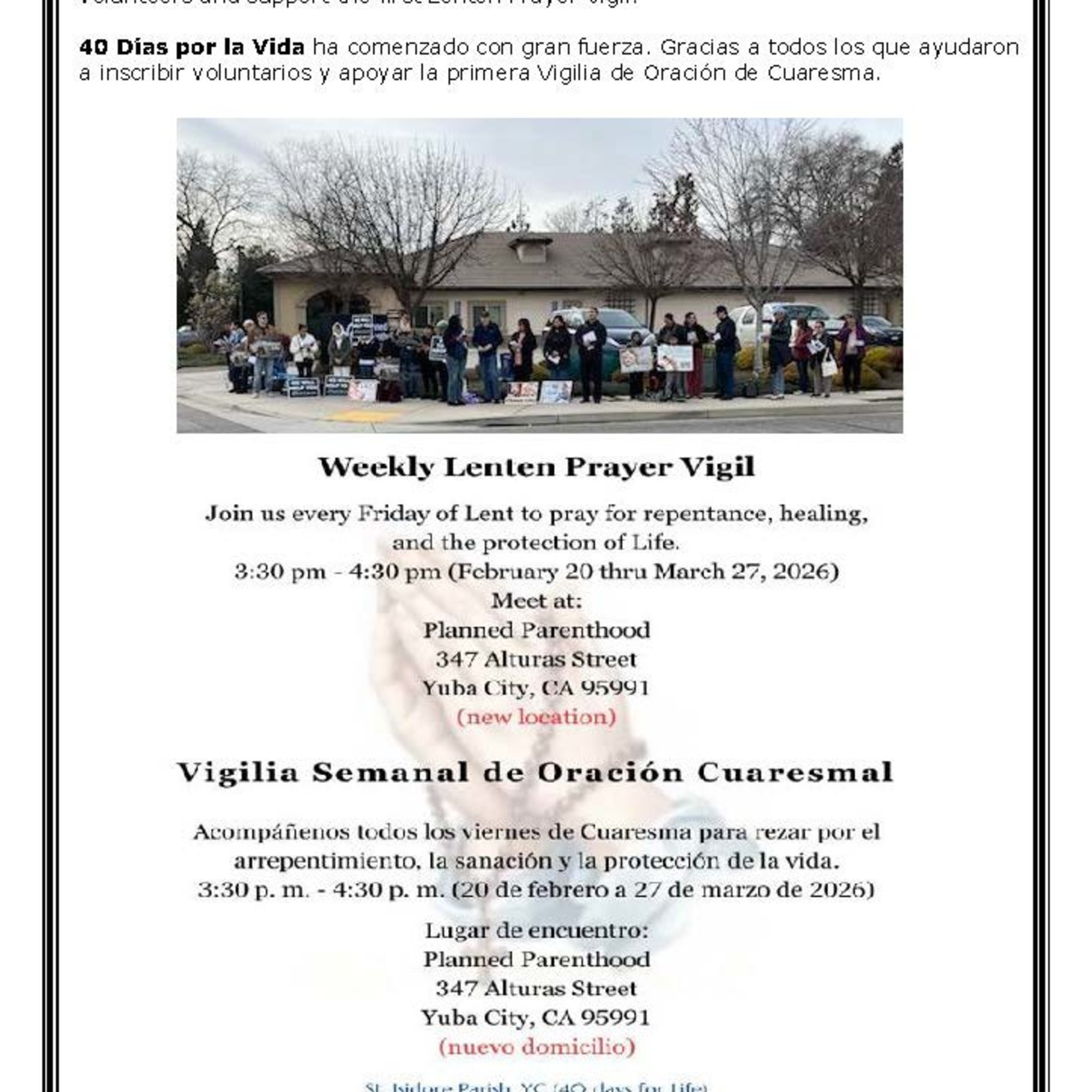 40 Days For Life Prayer Vigil Announcement 2026