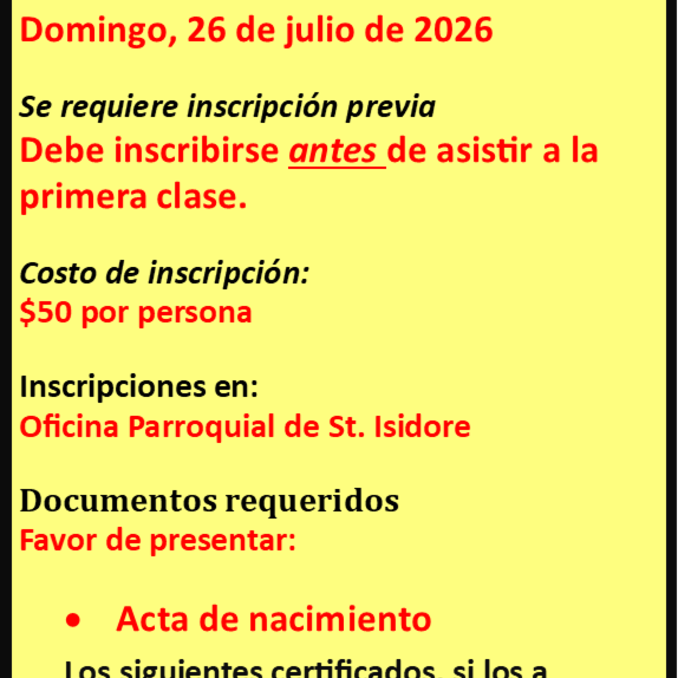 Adult Confirmation Classes Spanish July 26 2026