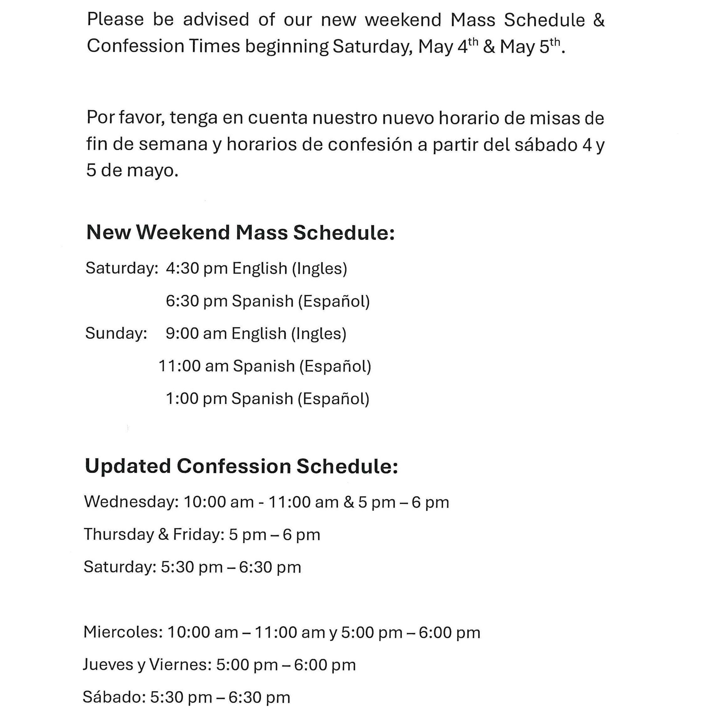 New Mass Schedule Updated Confession Schedule